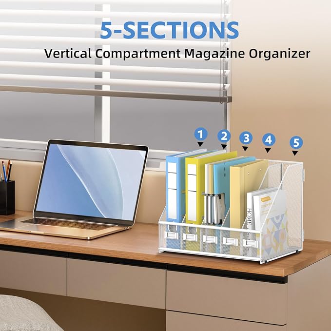 5 Vertical Compartments Magazine File Holder, Metal Binder Organizer, White | Space-Saving Desktop Storage, Built-In Label Holders, Anti-Slip Feet, Sized for Binders, Folders, Magazines and Files
