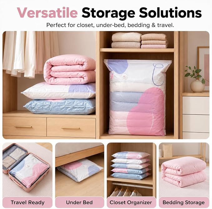 5 Pcs No-Pump Vacuum Storage Bags, Large Cube Compression Space Saver Bags