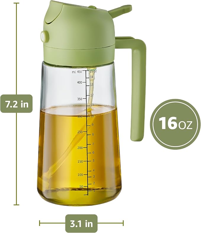 FineDine 16oz Olive Oil Sprayer for Cooking, 2 in 1 Olive Oil Dispenser Bottle for Kitchen, Air Fryer, Salad, BBQ & Baking – Dual Spray Mist & Stream, with Measurement Marks, Green