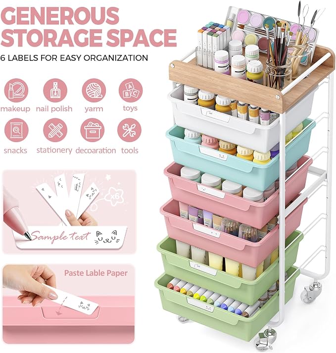 6 Drawer Rolling Cart for Craft Storage,Utility Drawer Organizer with Handle and Wooden Top,Storage on wheels for Office, Classroom,Laundry,Garage,Snack,Art Supply,Colorful