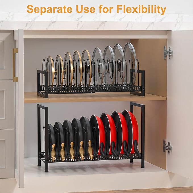Housolution 2 Tier Expandable Pot and Pan Lid Organizer Holder Rack | 12"-20" Expandable, Adjustable Dividers, 2 DIY Methods for Flexible Storage