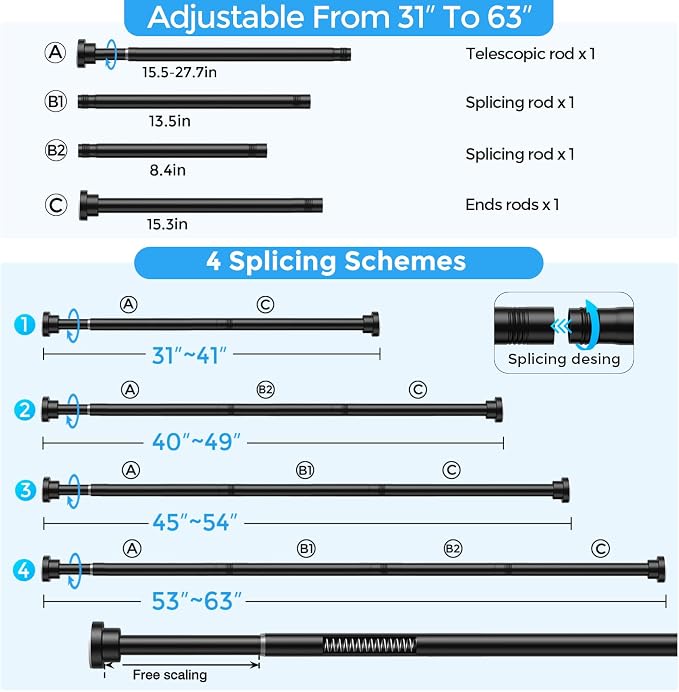 Shower Curtain Rod 31-63 Inch,7/8"Diameter Adjustable Spring Tension Curtain Rods No Drill,Matte Black Shower Tension Rod for Bathroom,Room Divider,Window,Anti-Rust Non-Slip 1-Pack