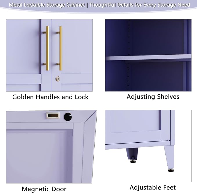 Lockable 61 Inch Tall Metal Storage Cabinet with Adjustable Shelves,4-Tier Steel Storage Locker,2-Door Metal Display Cabinet for Bedroom,Living Room, Home Office Purple