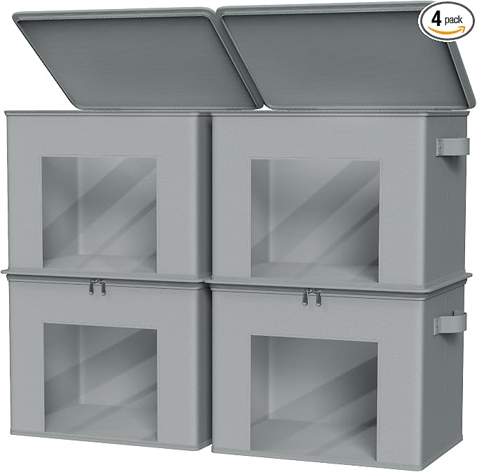 Zilink Fabric Storage Bins with Lid Closet Storage Bins, Light Grey, 4Pack | Stackable, Smooth Zipper, Clear Window, Sweater Organizer, Closet Organizers and Storage Box for Home, Bedroom