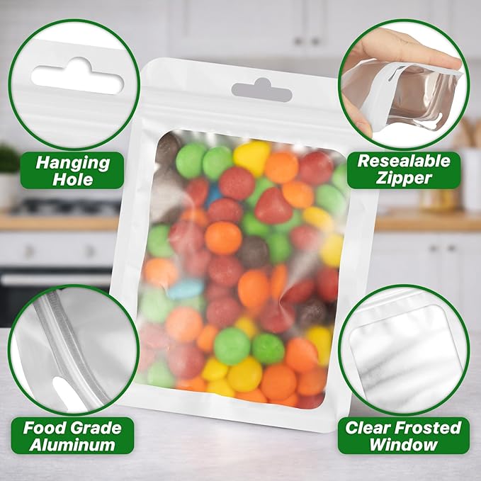 ANZNKU 100 PCS Multicolor Resealable Mylar Bags with Zipper and Frosted Clear Window Packaging Bags Self Sealing Bag for Food Jewelry Storage Supplies (5.12x8.27)
