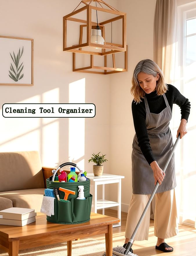 Cleaning Caddy with Handle, Cleaning Products Organiser, Foldable Storage Basket, Large Supply Organiser 17L with 6 Pockets, Portable Cleaning Caddy for Home & Garden (Green)