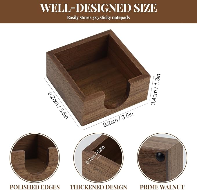 MultiBey Walnut Wood Sticky Note Holder, 3x3 Inch Self -Sticky Note Pad Holder for Desk, Post It Note Dispenser Memo Pad Holder Organizer for School Office Desk Supplies