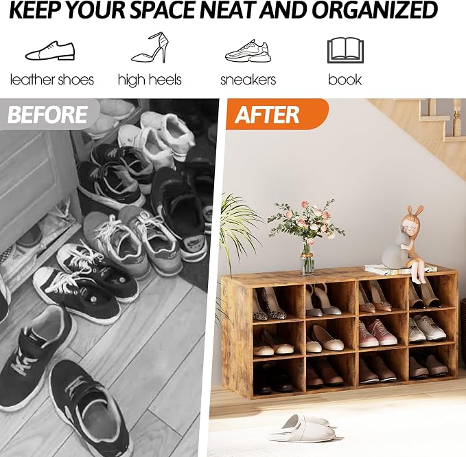 Shoe Storage Bench Cubby with 12 Cubbies, Wood Shoe Rack Organizer Cabinet | 12 Cubbies