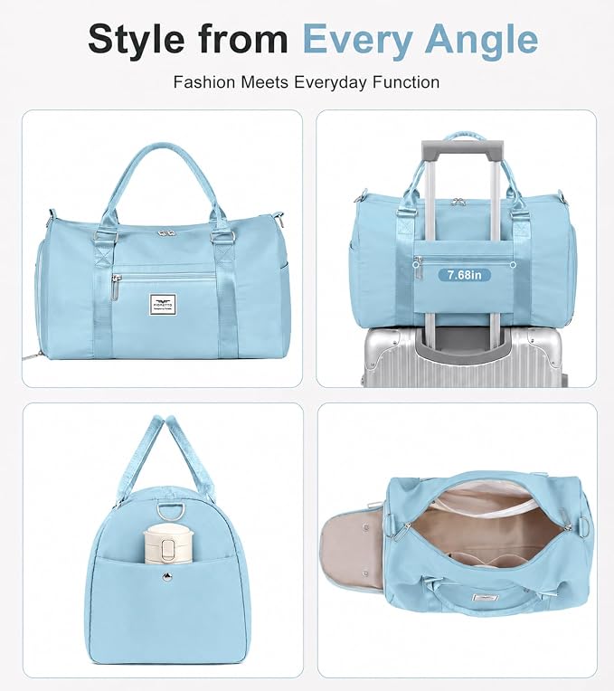 FIORETTO Womens Gym Tote Duffle Bag with Wet Pocket & Shoe Compartment, Sports Duffel Overnight Weekender Hospital Workout Carry on Bag for Girls, Ideal for Travel, Swimming, Dance, Ballet Light Blue