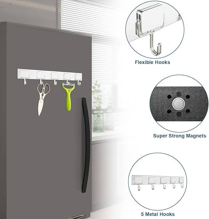 MAGTSMEI Magnetic Hooks Heavy Duty, Coat Hooks Rack with 5 Hooks, Extra Strong Magnet Hook for Hanging Coat Hat Keys, Neodymium Magnet Hooks for Refrigerator, Cruise, Classroom, 1pc Silver Coat Hook