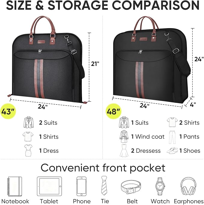 BALEINE Travel Garment Bag, Travel Suit Bag for Men, Water Resistant Carry on Garment Bag for Hanging Clothes, Garment Duffel Bag for Travel Business (Black, 48")