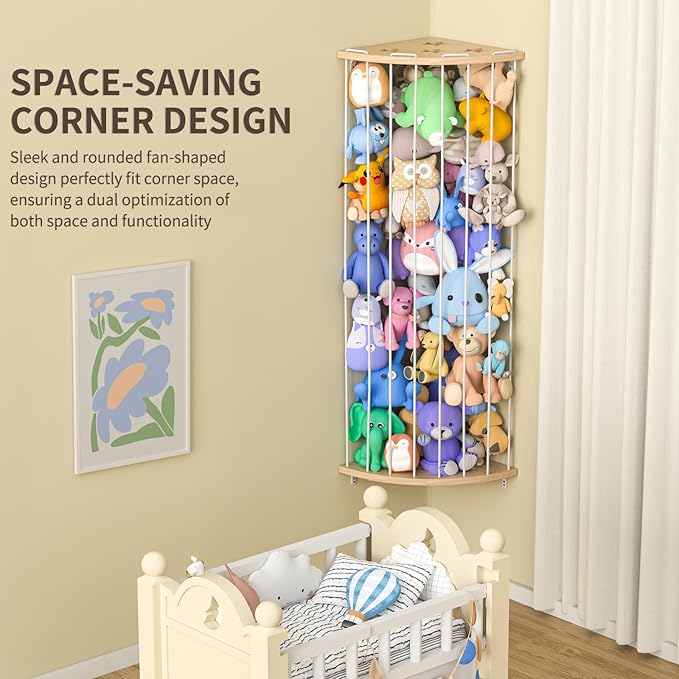 Jtksfcl Stuffed Animal Storage Wood Corner Plush Toys Holder with Star Pattern, Length Adjustable Hanging Stuffed Animal Toy Organizer Shelf for Nursery Play Room Bedroom Kid Room