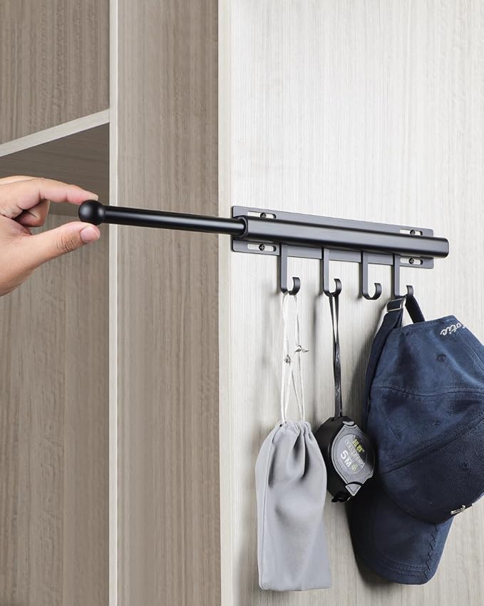 BaiNong Valet Rod for Closets Pull Out 12" Black with 4 Hooks | Closet Valet Rod Slide Out for Closets, Laundry Rooms, RVs Space-Saving