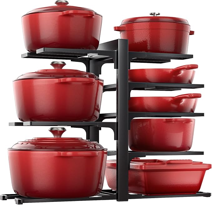 ORDORA Pots and Pans Organizer Rack for Cabinet, 15.83" Height 8-Tier Heavy Duty 120LBS Pot Pan Organizer under Cabinet Adjustable for Dutch Oven, Cast-iron Pan, Heavy Skillets Griddles, Shallow Pot