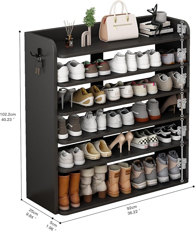 5 Tier Shoe Rack, Wooden Shoe Storage Cabinet, Large Capacity Tall Shoe Shelf Free Standing Shoe Rack Organizer for Closet Entryway Garage Bedroom, Black