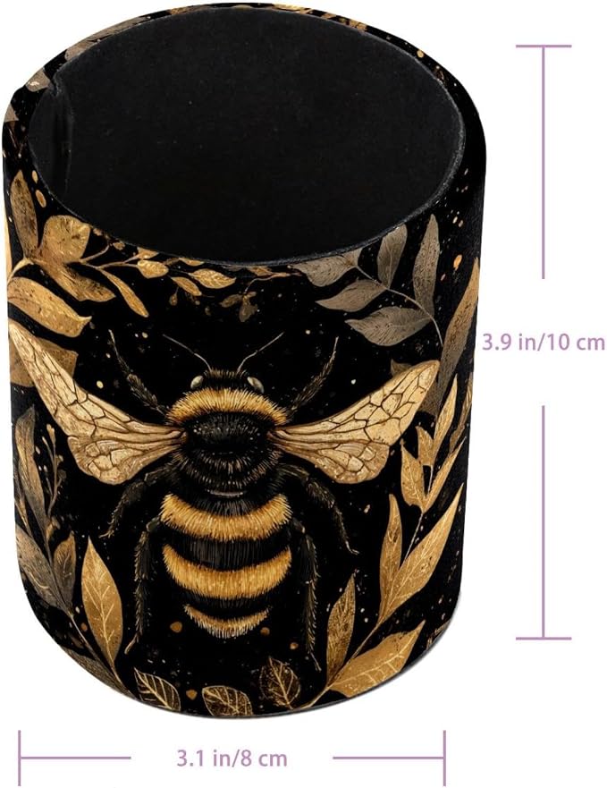 Faux Leather Pen Holder for Desk, Pencil Organizer Golden Bee Pen Cup Desk Decor Makeup Brush Holder Storage for Office Home