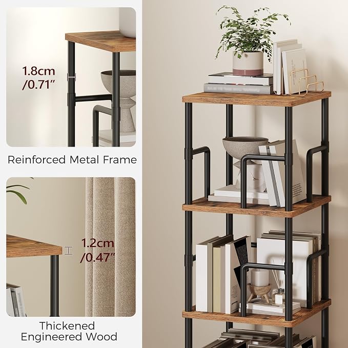 MAHANCRIS 3-Tier Rotating Bookshelf, Freestanding Corner Bookshelf, 360° Spinning Bookcase, Industrial Style Storage Rack with Rails, for Living Room, Bedroom, Study, Rustic Brown and Black BKHR1401