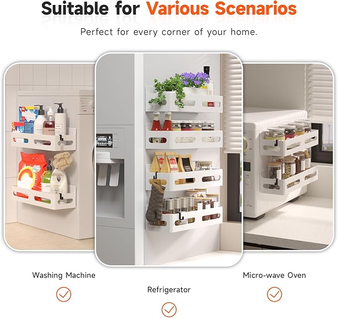 Sevenblue 4-Pack Magnetic Spice Rack for Refrigerator with Hooks, White | Strong multipurpose magnetic shelf for kitchen & bathroom organization. Includes 4 removable hooks for hanging items.