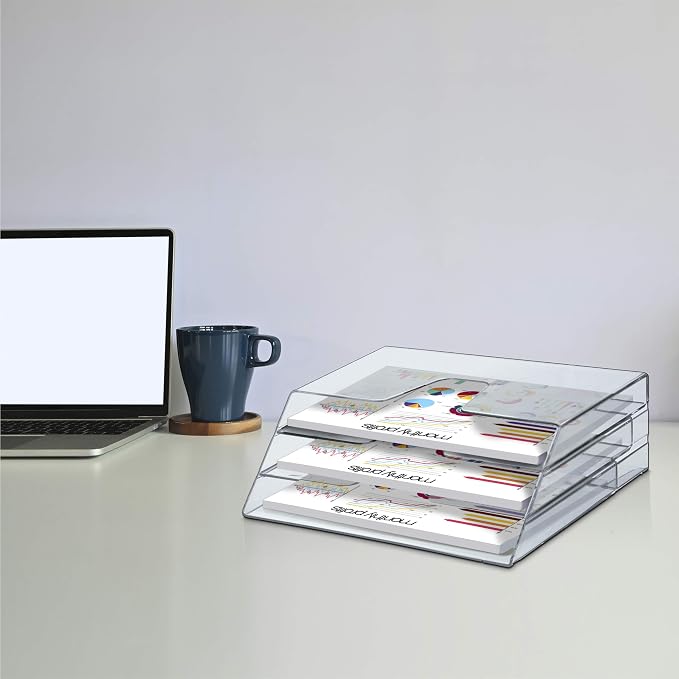 Acrimet Horizontal Triple File Folder Holder Organizer, Open Top Desktop Document Sorter for Letter Size Papers & Folders, Plastic (Clear Crystal) | 3 compartments to separate and organize documents, folders and papers