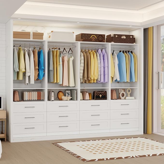 Closet System with Drawers, 2FT Closet Organizer System 23.7" Wood Walk-in Closet Shelf Corner Small Closets Storage System with Hanging Rods Modular White (2FT)