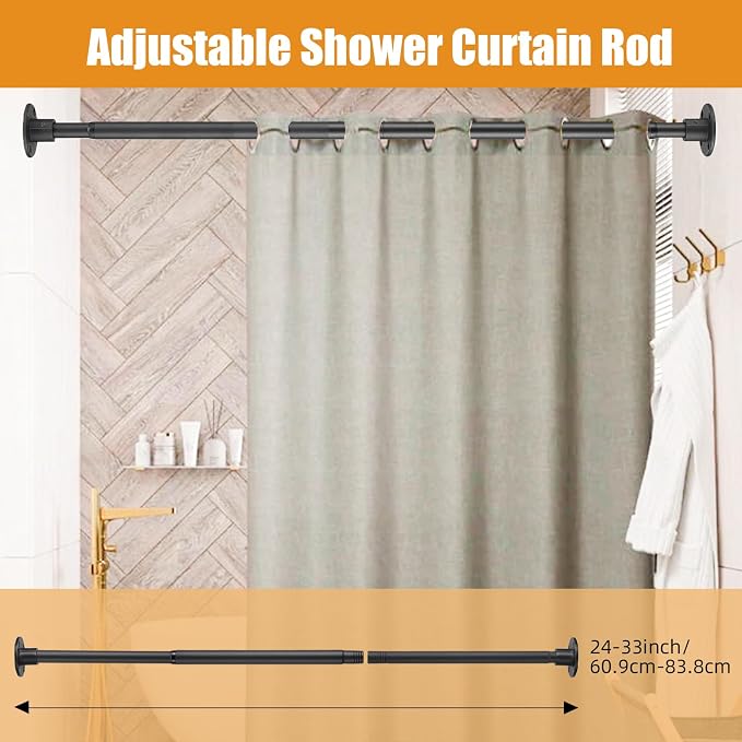 Closet Rods for Hanging Clothes 24-33 Inch Expandable Closet Rods, 1 Inch Diameter Adjustable Heavy Duty Closet Rod Wall-Mounted Fixed Shower Curtain Rod for Wardrobes Closet Laundry, Matte Black
