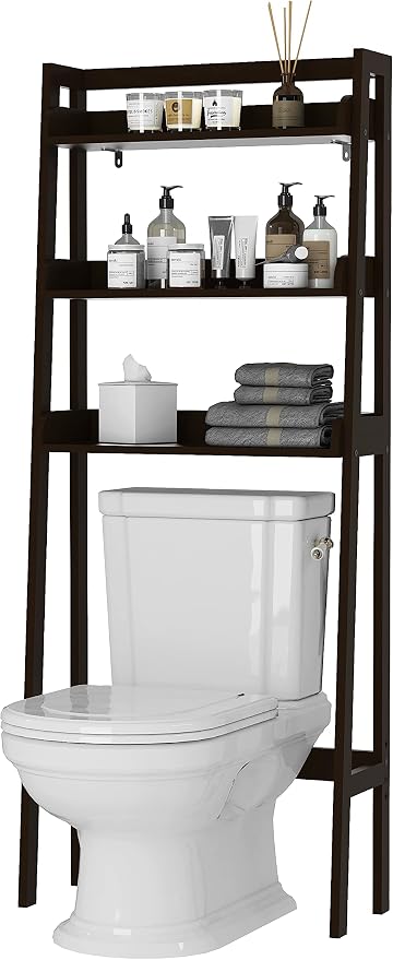 UTEX Behind Toilet Bathroom Organizer, 3-Tier Wood Ladder Shelf, Espresso | FSC-certified MDF, Modern Open Ladder-style Design, Raised Side Guards, Adjustable Lower Crossbar, 33-Inch Clearance