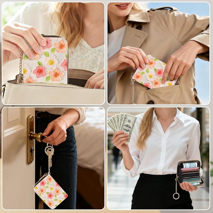 Credit Card Holder for Women,Small Rfid Wallet with Keychain Zipper,Cute PU Leather Card Case Wallet，Accordion Credit Card Wallets Gift,Pink Watercolor Flowers