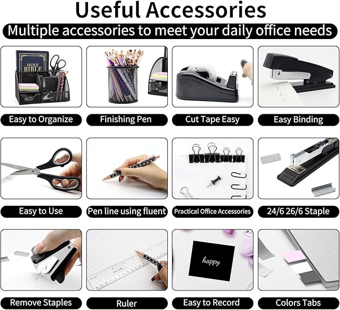 Black Desk Organizers and Accessories,12pcs Office Supplies Set With Pen Holder, Tape Holder, Stapler, Scissors, Ruler, Staple Remover for Office & Study Room, Gift for Coworker