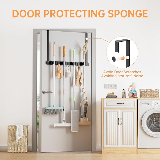 Broom Holder Over The Door - 304 Stainless Steel Mop and Broom Holder Wall Mounted or Hanging Over The Door with Hooks - Broom Hanger, Broom Storage Tool Organizer for Garage Closet Laundry
