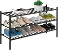 ROMGUAR CRAFT 3-Tier Bamboo Long Shoe Rack, Free Standing Wood Shoe Shelf Storage Organizer for Closet Entryway Stackable 35"x11"x20" (Black)