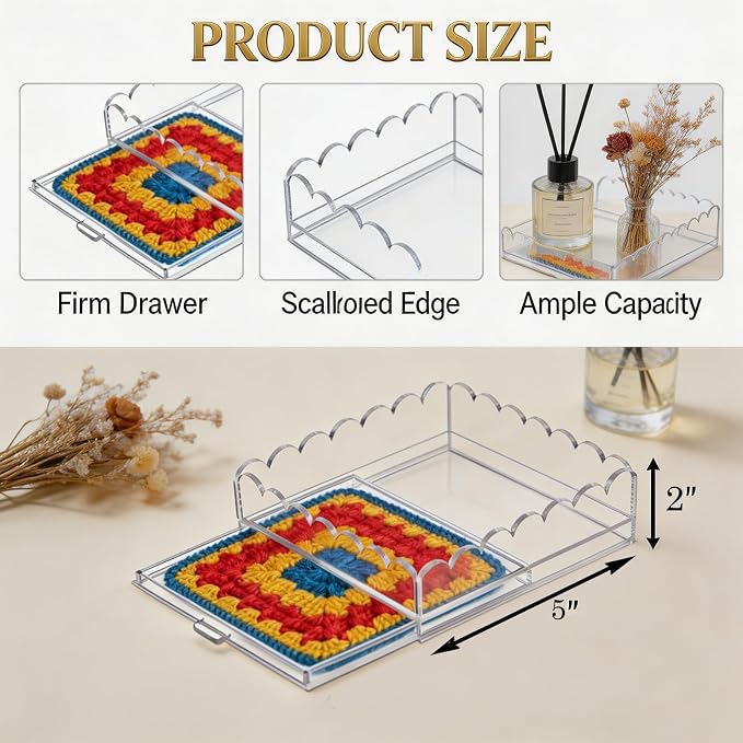2 Pcs Acrylic Tray with Insert, 5" x 5" Clear Acrylic Tray with Drawer, for Insert Needlepoint, Photos, Art, Fabric, Napkin, Messages Display Basket, Decorative Tray Gift for Home Office