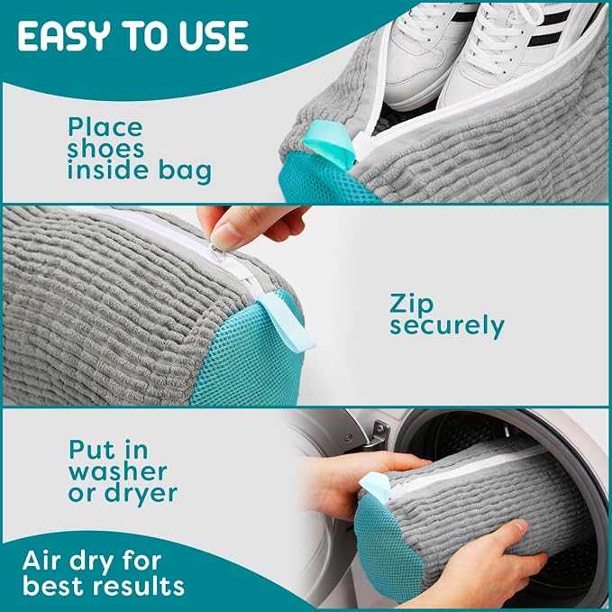 ZENO Shoe Washing Machine Bag - 2pcs - Laundry Shoe Bag for Washer and Dryer - 2pc Reusable Sneaker Cleaning Sack for All type of Tennis - Reinforced Zipper, 360° Deep Cleaning (Gray)