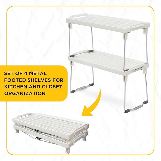 Plastic Kitchen Cabinet Shelf Organizer, Stackable Freezer Rack, Cupboard Box Organizer, Shelf Riser, Usable Storage Rack for Spice, Fridge Shelf Riser, Refrigerator, Pantry (12x5,5 inch),Pack of 4
