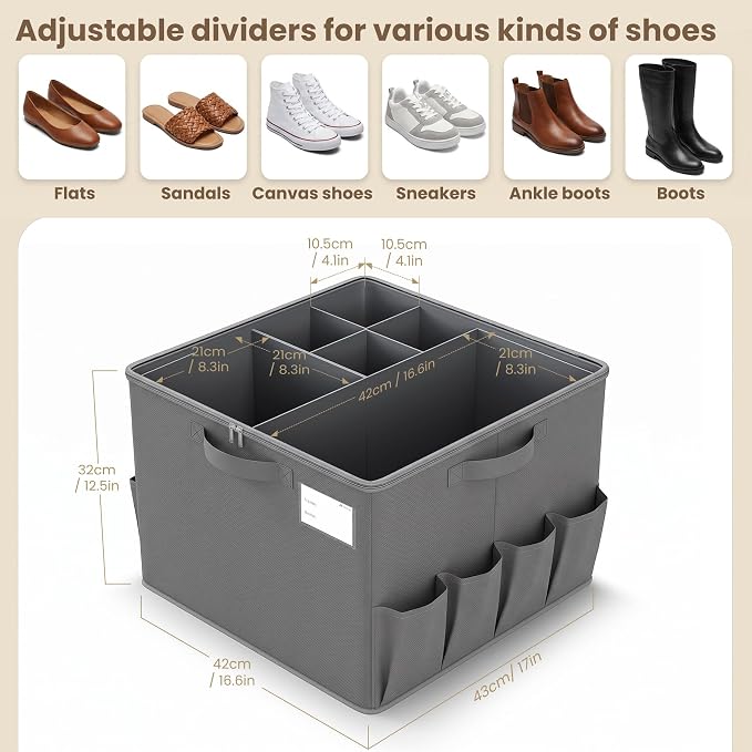Varhomax Foldable Shoe Organizer Box, Fabric Storage Bin with Clear Cover & Adjustable Dividers, Holds up 16-32 Pairs of Sneakers & Sandals for Closet, Entryway (Gray)
