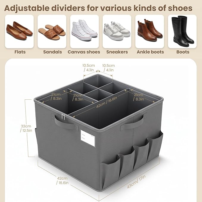 Varhomax Shoe Organizer Box 2 Pack for Closet, Fabric Shoe Storage Bin with Adjustable Dividers & Clear Cover, Holds up 16-32 Pairs of Sneakers & Sandals for Entryway, Cubby (Gray)