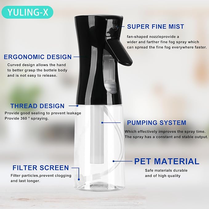 hair spray bottle, ultra-fine spray continuous spray bottle (200ml/6.8oz), used for hair design, vegetation, cleaning and skin care - empty, reusable (Black)