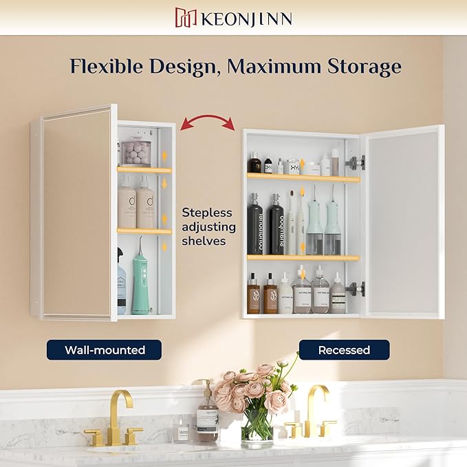 Keonjinn 16" x 24" White Medicine Cabinets for Bathroom with Mirror, Recessed or Surface Wall-Mounted Aluminum Alloy Framed Beveled Mirror, Single Door Farmhouse Bathroom Mirror with Storage Cabinet