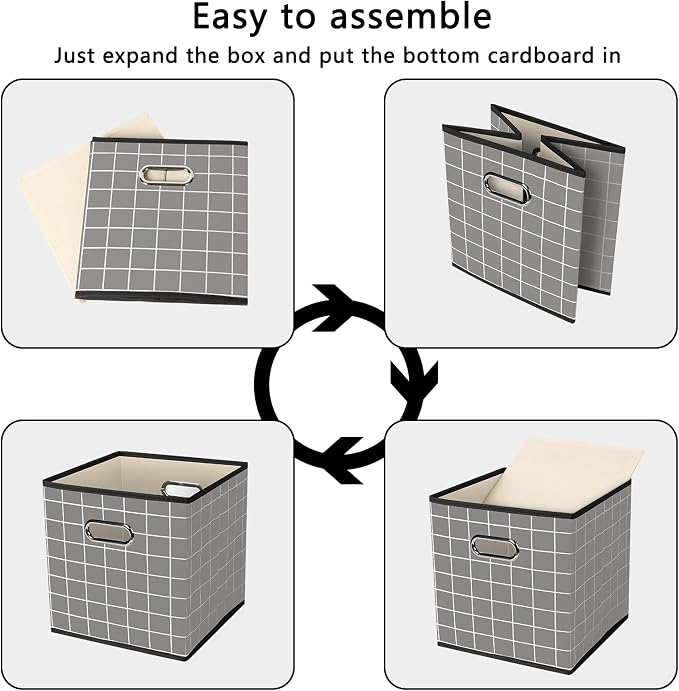 Yunkeeeper storage bins Cubes, Fabric Cube Organizer with Handle, Foldable Cube Bins for Cloth or Accessary Storage, 11x11x11, Set of 6, (Grey grid)