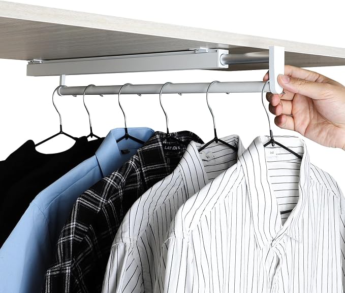 BaiNong Pull Out Closet Rod - White, 13-3/8 Inch, Telescopic Trouser Rack for Shallow Cabinet, Organize Pants and Clothes