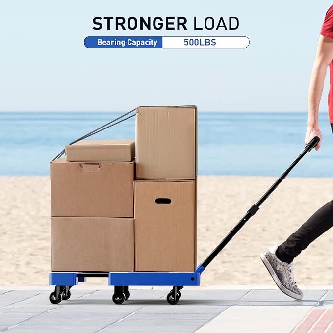 SPACEKEEPER Folding Hand Truck, 500 LB Capacity Luggage Cart, Portable Folding Dolly with 6 Wheels and 2 Elastic Ropes for Luggage, Personal, Travel, Auto, Moving and Office Use, Blue