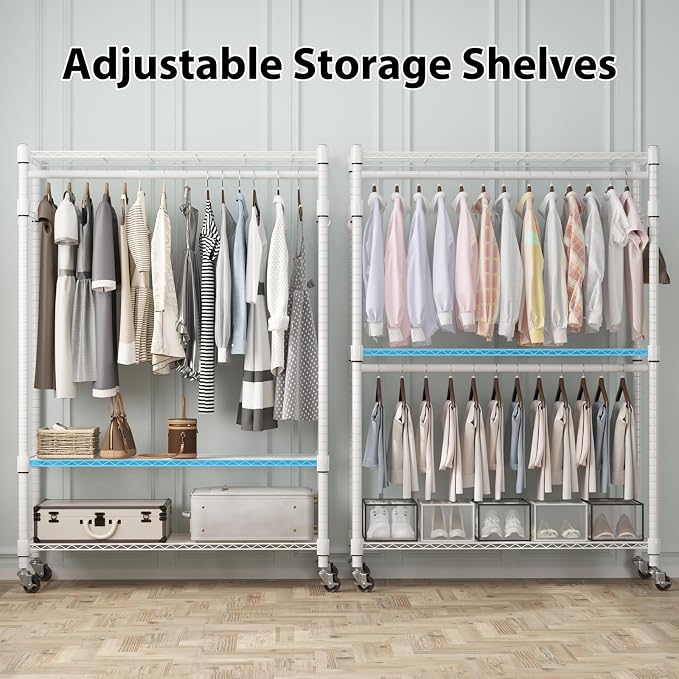 Homdox 3 Tier Heavy Duty Garment Rack with Wheels, Adjustable Wire Clothes Rack with Double Hanging Rods, Portable Closets for Hanging Clothes with Side Hooks, White