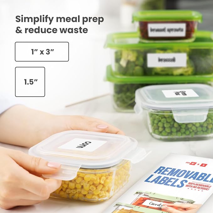 MESS Removable Food Labels for Containers (96-Pack) 1x3 & 1.5" Erasable Kitchen Labels for Organizing, Freezer & Fridge, White Dry Erase Labels for Jars