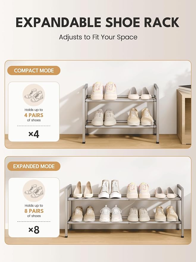Bumusty 2 Tier Expandable Shoe Rack for Closet, 18“-33” Adjustable Shoe Rack for Small Space, Small Shoe Organizer for Front Door, Sturdy Metal, Light Grey