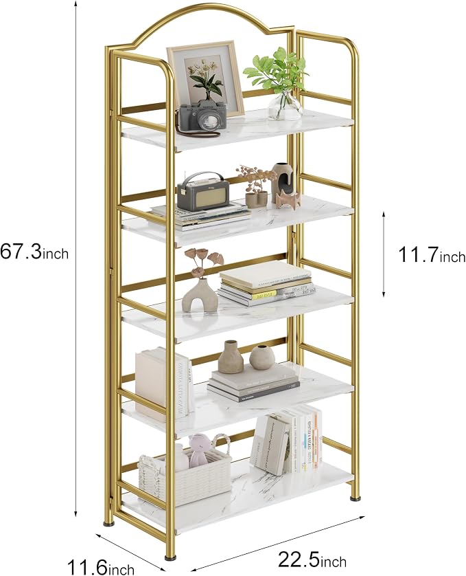 Gold Folding Bookshelf 4 Tiers, No Assembly,Vintage Storage Rack,White&Gold | Vintage Bookcase Multifunctional Plant Flower Stand, Storage Shelves Organizer for Home Office,Living Room,Dorm