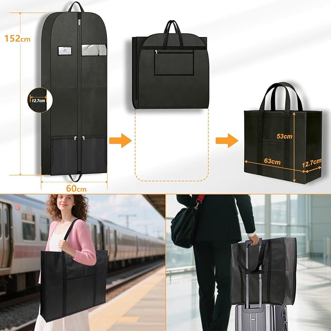 Long Garment Bag for Hanging Clothes Travel, 60'' Dress Bags for Gowns Long Dance Costumes Womens Coats, Suit Bag Clothes Cover for Closet Storage With Handles Pockets and Zipper, Black