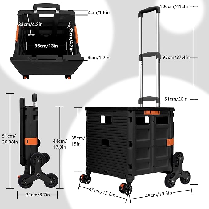 SELORSS Foldable Utility Cart Collapsible Crate Rolling Carts with Stair Climbing Wheels Rolling Tote Basket Teacher Cart with Lid Wear-Resistant 360°Rotate Wheel Noiseless for Moving Office-Black