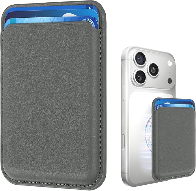 Magnetic Wallet Phone Card Holder for Phone Case with Mag-Safe, Stronger Magnetic RFID Leather Phone Wallet Stick on Series of iPhone 17/16/15/14/13/12 and Pro/Promax, Smoky Gray