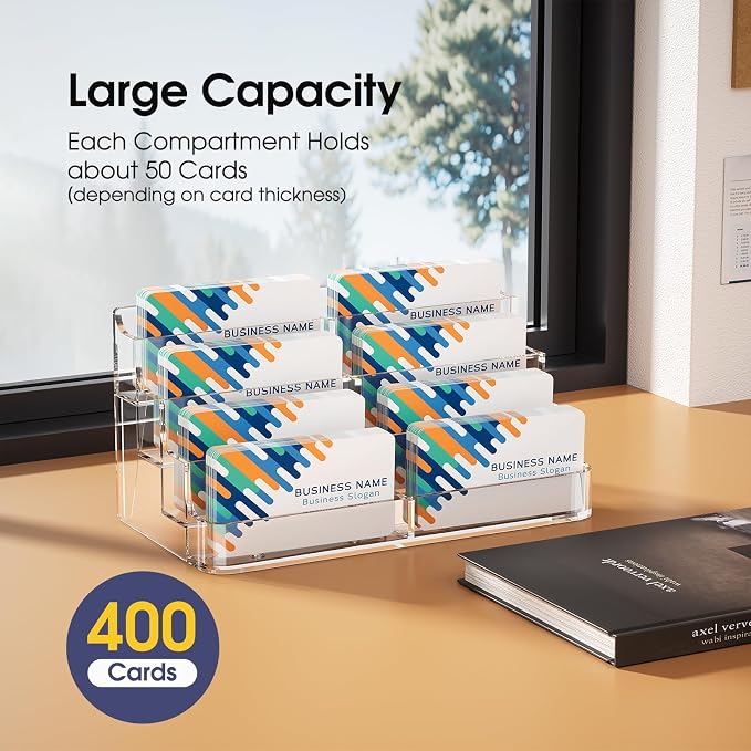 MaxGear 2 Pack Acrylic Business Card Holder, Card Display Stand, 8 Pockets | 4-Tier Freestanding Design, Clear Acrylic Construction, Fits Standard Business Cards for Reception, Office and Countertops