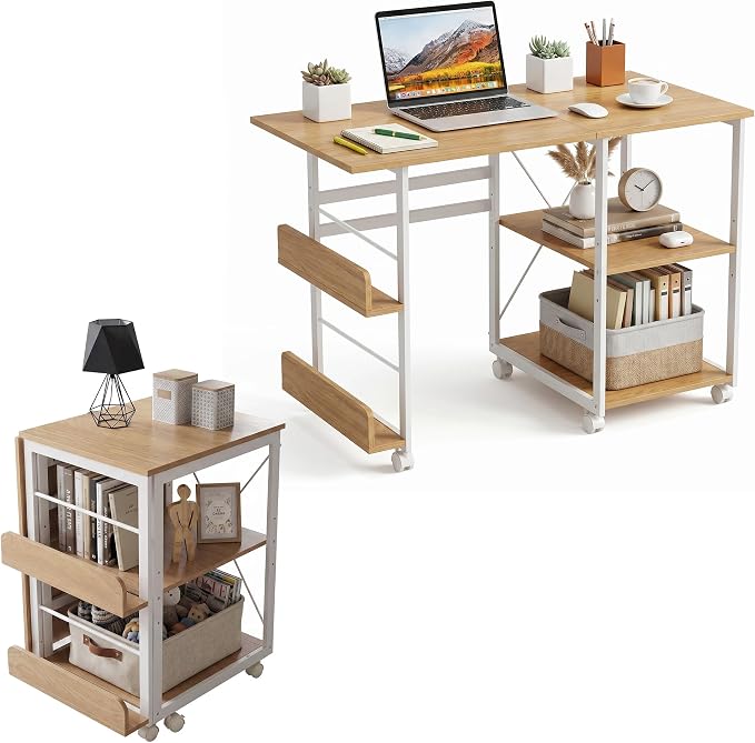 Garvee Folding Desk with Wheels, 31.5" Foldable Computer Desk with Storage Shelf, Space Saving Rolling Home Office Desk for Small Spaces, Portable Writing Table with Side Organizer, Oak