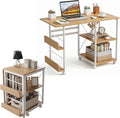 Garvee Folding Desk with Wheels, 31.5" Foldable Computer Desk with Storage Shelf, Space Saving Rolling Home Office Desk for Small Spaces, Portable Writing Table with Side Organizer, Oak